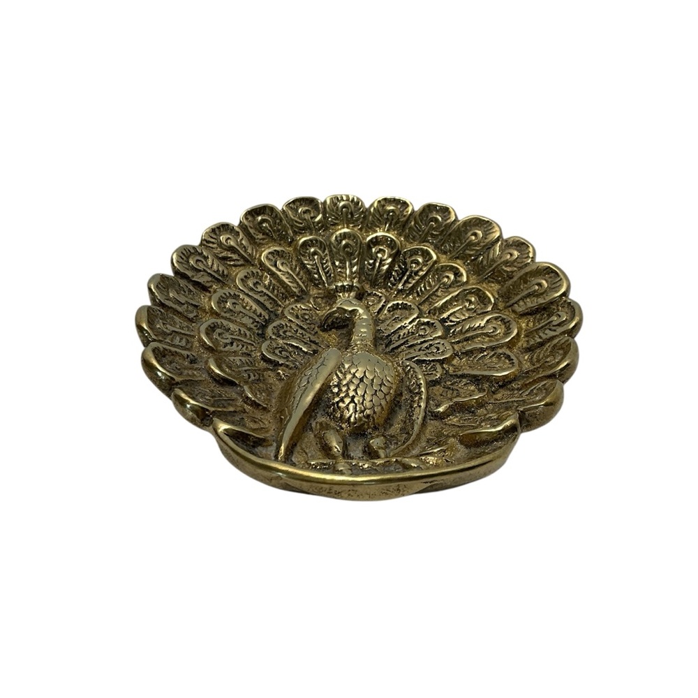 Brass Peacock Trinket Dish Scalloped Edge Embossed Raised 3D Feather Plume VTG